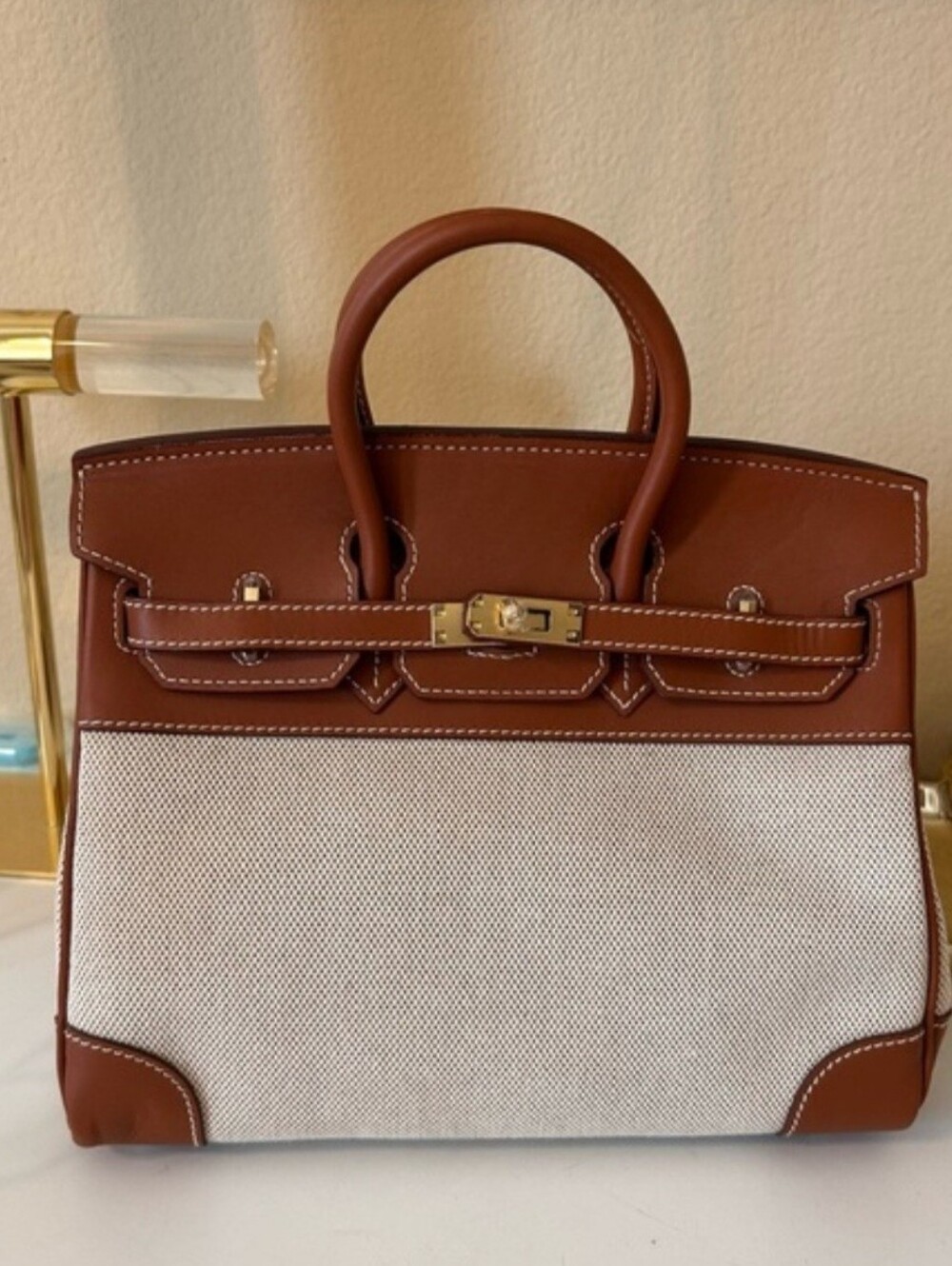 25cm Leather & Canvas Combo Brown Satchel - Picture 2 of 10